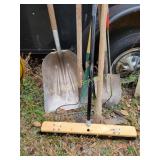 Shovel, pick axe, rake, push broom