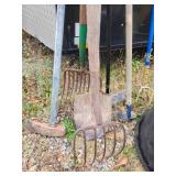 [2] pitchfork, axe, hoe, claw digger, brush broom