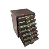 Assorted watch crystals in seven drawer metal