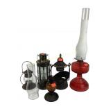 Oil lamps, metal frame no globe. Amber glass with