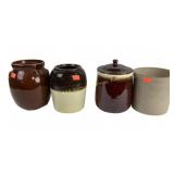 4 crocks. Brown with lid, two toned brown and