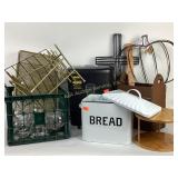 Enameled Bread box, floral wreath frames, paper