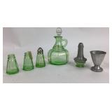 Uranium glass shakers, cruet, aluminum egg