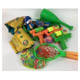 Pool toys, plastic outside dishes, wooden handles
