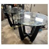 Set of 2 wood metal round glass top side tables