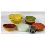 Tupperware bowls and lids, painted oil lamp base