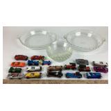 Clear glass Pyrex pie dishes. Hot wheels track