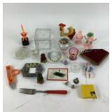 Cranberry glass shot glass, porcelain citrus