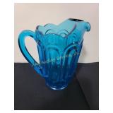 Blue Glass Pitcher in Moon and Stars Pattern T