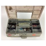 Tackle box with some bobbers and lures, string,