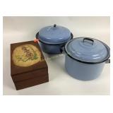 Enamelware pots with lids, chipping, Snap Dragon