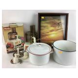 Enameled stock pots. Wall clock. Maxim food