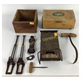 Hay hook, wooden mirrored jewelry box bottom