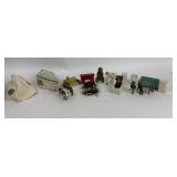 4 H hats, wooden dollhouse furniture, metal farm