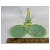 Uranium glass lid, bottle. Jadeite saucers.