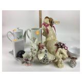 Ceramic rabbits, floral tea pots/ pitchers, bins.