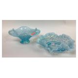 Fenton Opalescent blue hobnail ruffle dish,