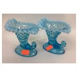 [2] Fenton Hobnail Blue Opalescent Cornucopia