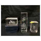 Glass etched with angel, Elvis and motorcycle 3-D