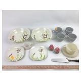 Red wing iris saucers , bowls. Gray teacup. Milk