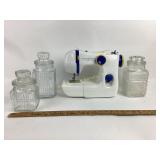 IKEA sewing machine, clear cut glass canisters.