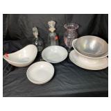 10 Strawberry Street bowls, [2] glass decanters,