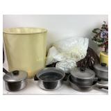 Kitchen craft pots and pans, Tupperware canister,