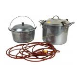 Orange extension cord. Aluminum Dutch oven.