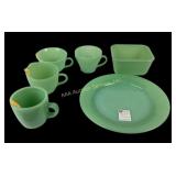 Jadeite cups, plate, creamer, square dish.