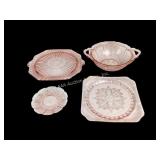 Pink Depression glass:  cake stand, serving