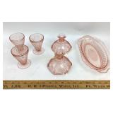 Pink Depression glass:  tumblers (3), oval
