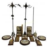 Brass and metal lighting fixtures. Wooden