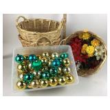 Shiny brite round ornaments, Large wicker