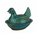 Indiana Iridescent Blue Carnival Glass Hen on