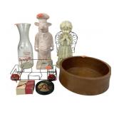 Wood bowl.  Coca-Cola tin coasters and metal