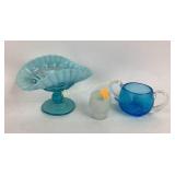 Blue glass pedestal bowl and sugar bowl, milk
