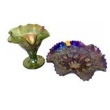 Carnival glass, vase, and bowl.