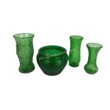 Crinkle Cut Green Vase, Green Glass Planter,
