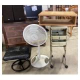 Cart has broken plastic. Foot stool has wear. Fan.