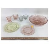 Depression, glass, large bowl, plates, sugar,