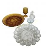 Amber and clear glass deviled egg dishes, goblet,
