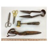Brass hammer. Large metal shears, large metal