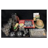 Etched clear glass vase, bubble footed tumblers,