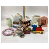 Department 56 head mug, wooden train, toy,