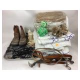 Ariat boots, size 7.5, dirty. Belts, candle, mug