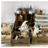 Curio shelf, ceramic pieces and wood pieces..