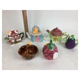 Teapots x5, Drip Glaze Pottery Basket