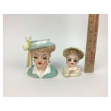 (2) ceramic lady head vases mid century 1958