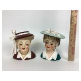 (2) ceramic lady head vases mid century incl.