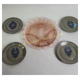 Pink depression glass divided tray, pottery